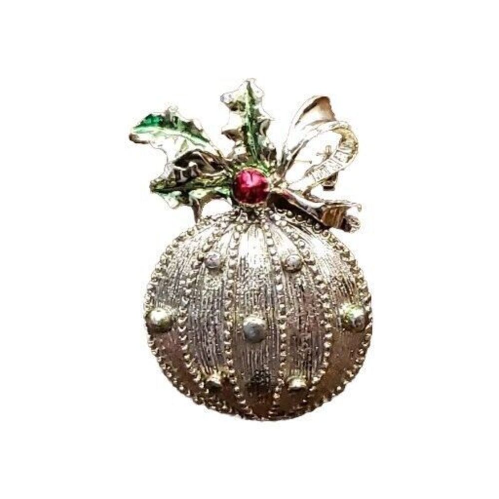 Vintage Gerry's Pin Brooch CHRISTMAS ORNAMENT  gold tone holly green red enamel